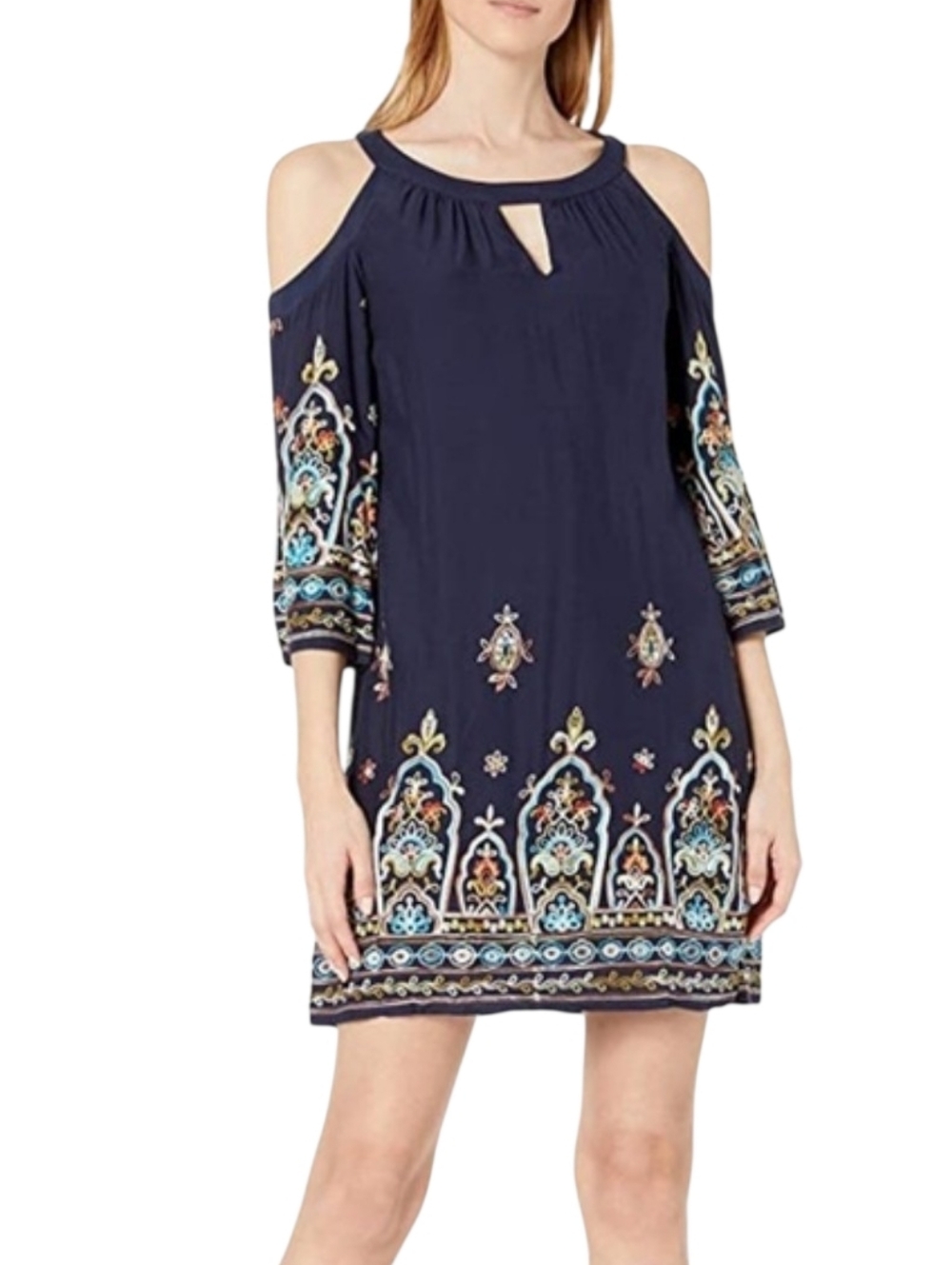 Sangria Women's Cold-Shoulder Navy Embroidered Shift Dress Size 8‎ Medium